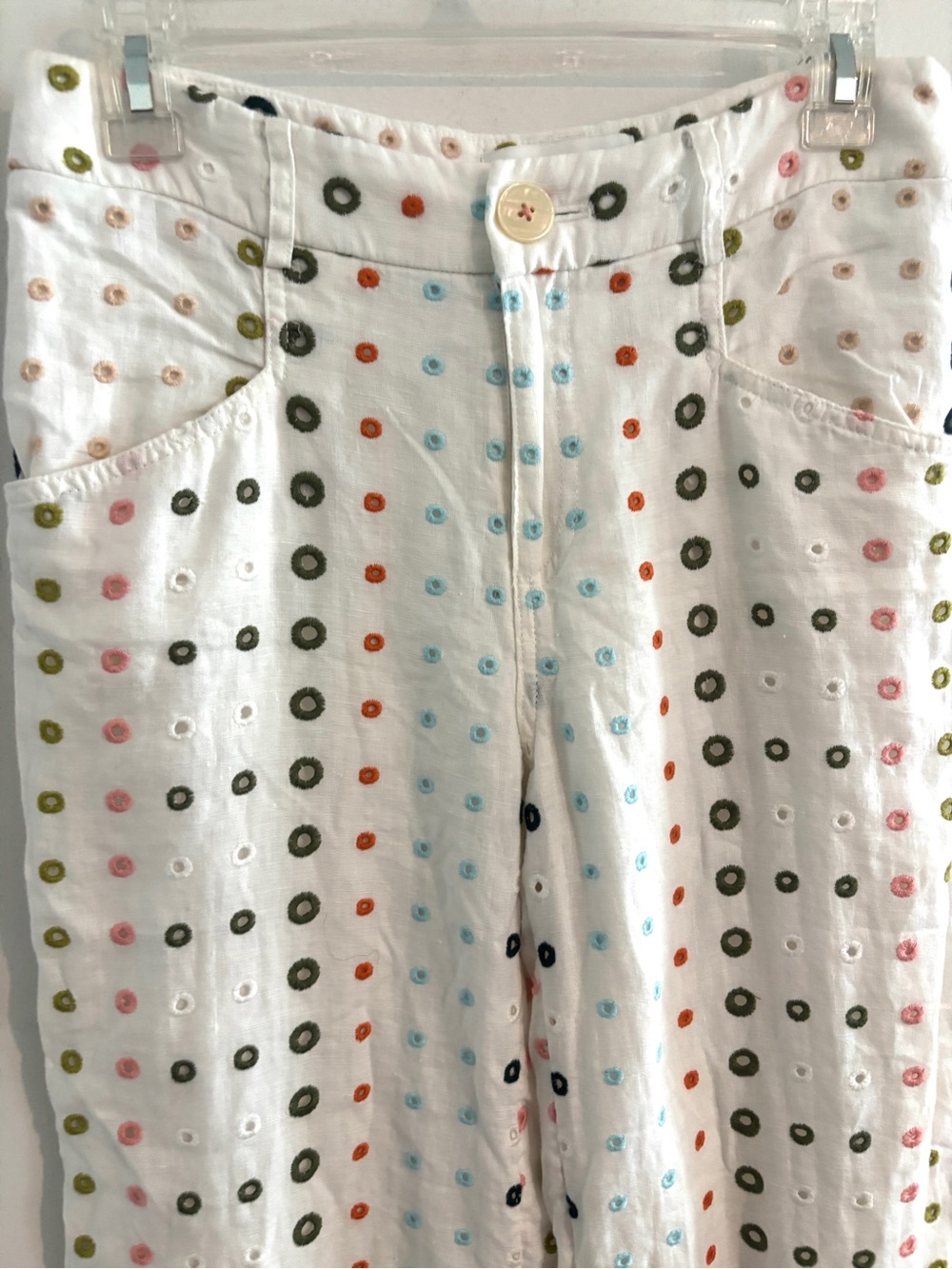 ETT:TWA by Anthropologie Linen Size 2 Wide Leg White Eyelet Polka Dot Pants - Picture 9 of 10